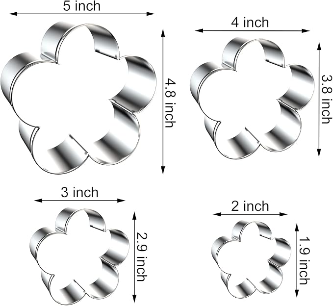 Plum Blossom Flower Cookie Cutter Set - 5 Inch, 4 Inch, 3 Inch, 2 Inch - Five Petal Scalloped Edge Spring Flower Cookie Cutters