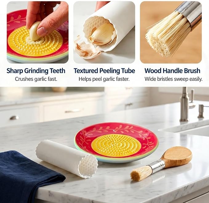 Handcrafted Ceramic Garlic Grater Plate 4-Pc Set, 4.72" Handmade Porcelain Grinding Dish with Wooden Boar Bristle Brush & Textured Silicone Peeler, Crimson Red Olive Vine