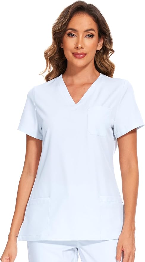 Scrubs Tops for Woman - Soft Stretch, V-Neck Tops | 3 Pockets, Side Split Design, Short Sleeve, Breathable & Lightweight Nursing Shirt, Easy-Care Fabric for All-Day Comfort