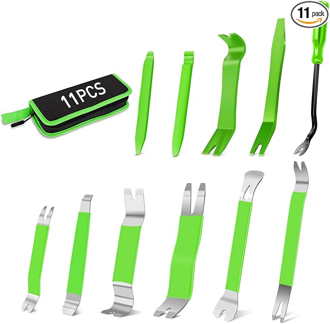 GOOACC 11 PCS Trim Removal Tool Kit, Metal Pry Tool Auto Fastener Remover Pry Bar Set Car Door Panel Removal Tool Dashboard Repair Kit Green