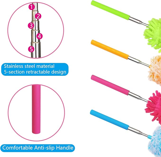 4 pcs Extendable and Washable Microfibre Feather Duster,13" to 30" Reachable, Microfibre Cleaning Tool, Small Dusters for Cleaning Office, Car, Computer, Furniture, Sofa