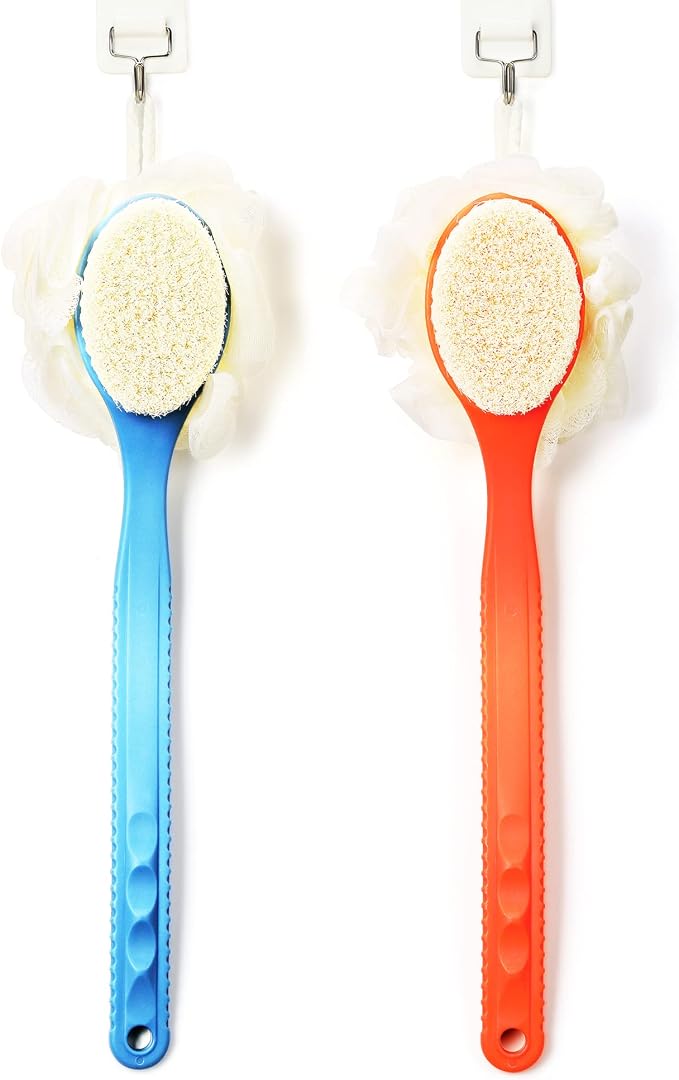 Shower Body Brush with Bristles and Loofah,Back Scrubber Bath Mesh Sponge with Curved Long Handle for Skin Exfoliating Bath, Massage Bristles Suitable for Wet or Dry, Men and Women(Orange)