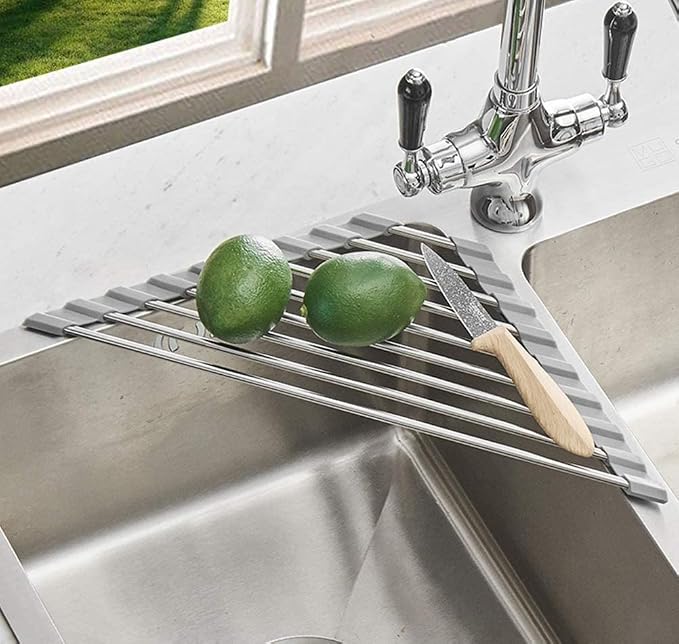 Triangle Dish Drying Rack Multipurpose Roll-up Drying Rack for Sink Corner Stainless Steel Over The Sink Corner Dish Drainer Mat for Kitchen (Grey)