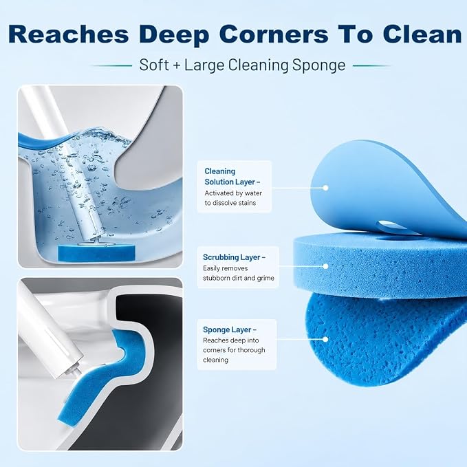 Disposable Toilet Brush and Holder Set with 32 Cleaning Refill for Bathroom | Wall Mounted Disposable Toilet Bowl Brush with Extended Handle, Disposable Toilet Wand for Toilet Bathtub Sink Deep Cleaning