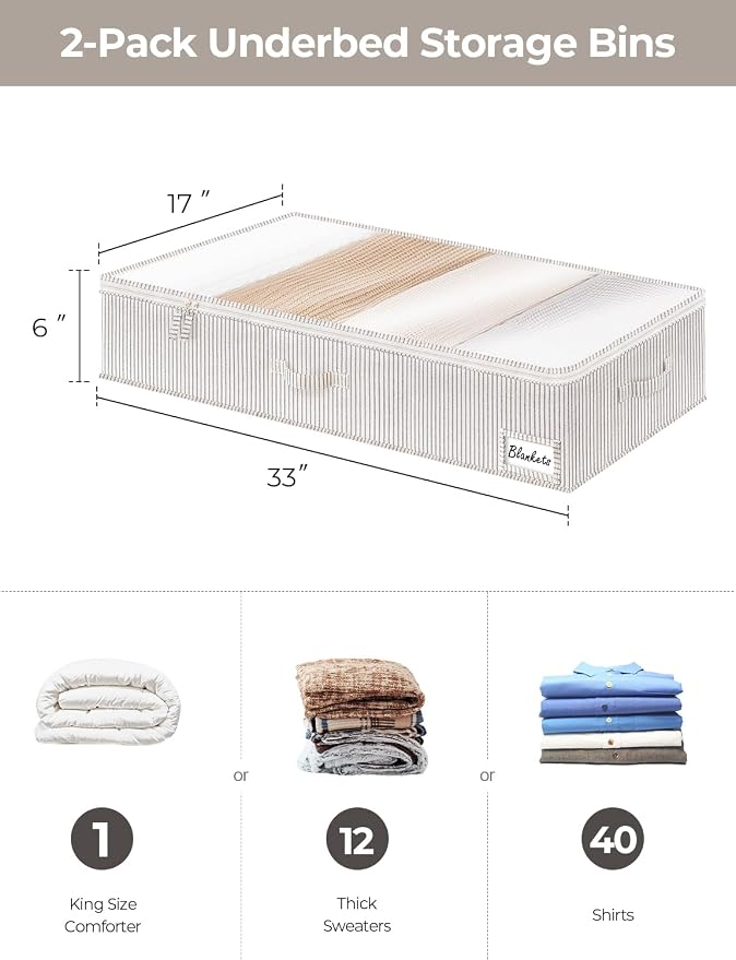 StorageWorks Large Under Bed Storage Containers with Handles and Label Holder, 2 Pack Ultra-thick Fabric Underbed Bins, Closet Organizer for Clothes, Blankets, Sweater