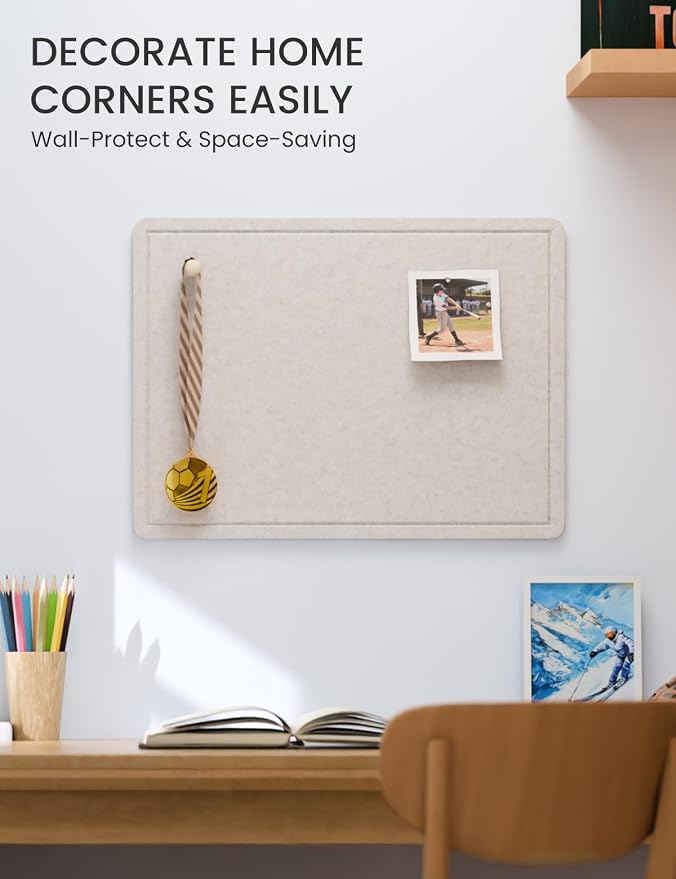 Fluxynara 23.6" x 17.1" Bulletin Board, Oatmeal | Cork Board Alternative with 12 Removable Adhesive Tabs, Foldable Felt Pin Board for Home, Office, Classroom & Dorm
