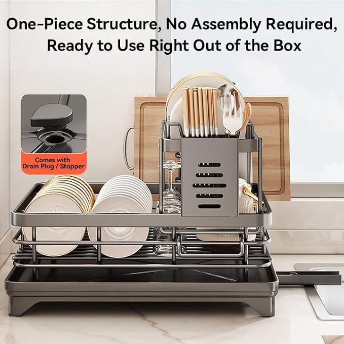 Dish Drying Rack for Kitchen Counter, 2-Tier Metal Dish Rack with Drainboard, Utensil Holder and Plate Rack, Compact Countertop Dish Drainer for Plates, Bowls, Cups and Cutlery, Black