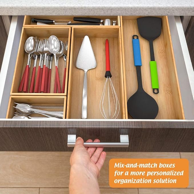Bamboo Kitchen Drawer Organizer 15"x 6", Storage Box for Utensil Organizer | Wooden Silverware Tray Cutlery Holder Flatware Containers, Multi-Use Deep Drawer Dividers Organizer for Bathroom, Jewelry