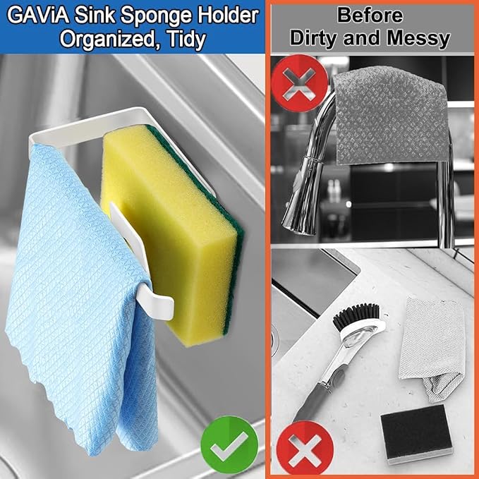 GAViA Sponge Holder for Kitchen Sink with Adhesive Hook, in-Sink Sponge Holder, Wall Hanging Sink Caddy Organizer Rack - Sponge, Dish Cloth, Brush - 304 Stainless Steel