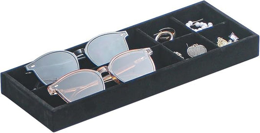 Divided Drawer Organizer Tray, Velvet Jewelry Storage Tray, Necklace Bracelet Ring Earring Display Tray,Bedside Nightstand Desk Holder Tray for Phone Watch Sunglasses Cosmetics Storage/Black/6grid