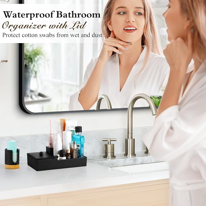 Luxspire Bathroom Counter Organizer with Lid, 6 Slots, Matte Black | Bathroom Vanity Organizer, Bathroom Organizer Countertop for Cotton Ball, Q-Tips, Floss