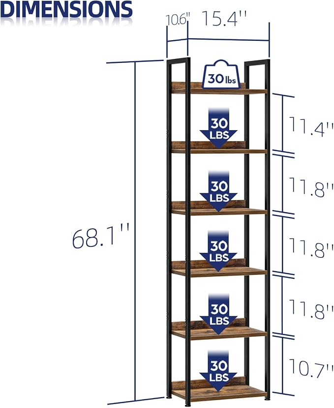 NUMENN Narrow Bookshelf, 6 Tier Freestanding Shelving Unit, Vintage | Metal Frame & Wood Shelves, Falling Prevention Baffle, Open Storage Bookcase for Bedroom, Living Room & Home Office