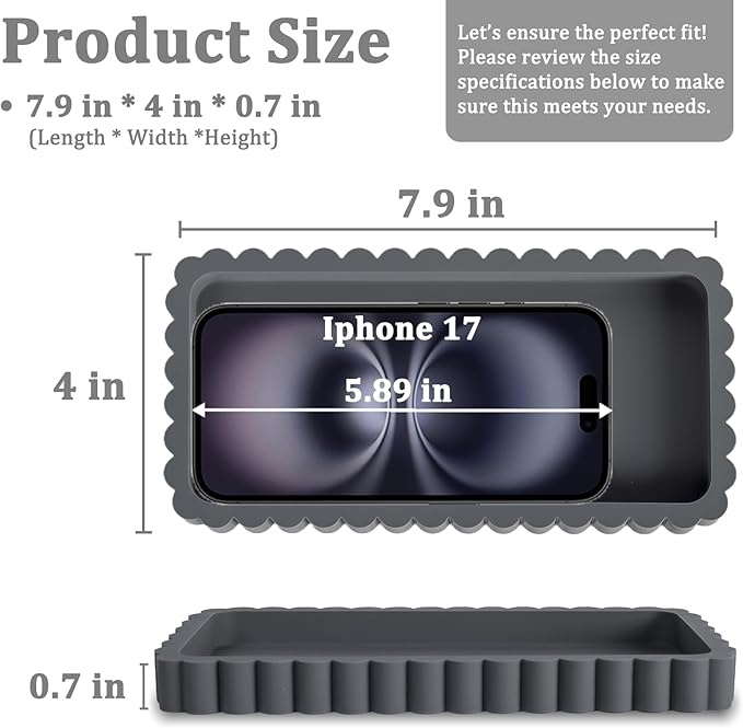 Small Silicone Bathroom Vanity Tray, Sink Caddy for Dish Soap Dispenser, Sponge Holder for Kitchen Sink, Rectangle Bathroom Countertop Organizer for Perfume, Jewelry, Candle (7.9” * 4”, Dark Grey)