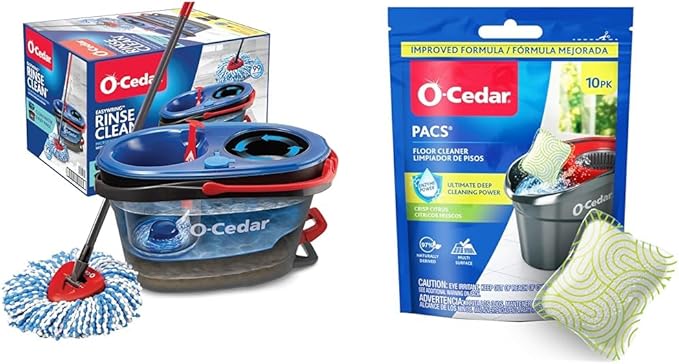O-Cedar EasyWring RinseClean Microfiber Spin Mop & Bucket Floor Cleaning System, Grey and O-Cedar PACS Hard Floor Cleaner, Crisp Citrus Scent 10 Count (1-Pack)