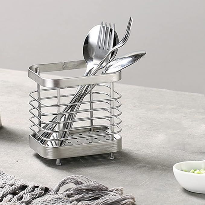 Utensil Holder, Stainless Steel Sink Utensils Holder Countertop, Kitchen Utensil Drying Caddy, Cutlery Drainer for Utensil, Rust-Proof Cutlery Sink Organizer (Silver)
