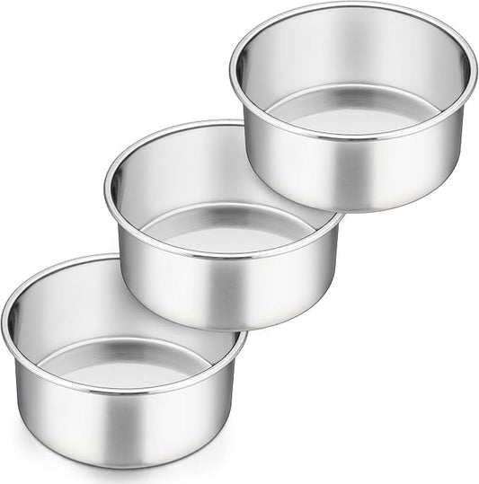 P&P CHEF 6 Inch Cake Pans Set, Round Baking Pan Stainless Steel Layer Birthday Wedding Cake Oven Pans, Non Toxic & Heavy Duty, Deep Side & Mirror Finish, Dishwasher Safe, (3Pcs)