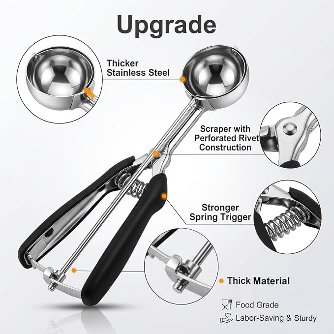 Cookie Scoop Set, 3Pcs Ice Cream Scoop, Cookie Scoops for Baking Set of 3, 18/8 Stainless Steel Cookie Scooper for Baking, Ice Cream Scooper with Trigger Release, Cookie Dough Scoop with Non-slip Grip