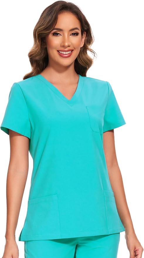Scrubs Tops for Woman - Soft Stretch, V-Neck Tops | 3 Pockets, Side Split Design, Short Sleeve, Breathable & Lightweight Nursing Shirt, Easy-Care Fabric for All-Day Comfort