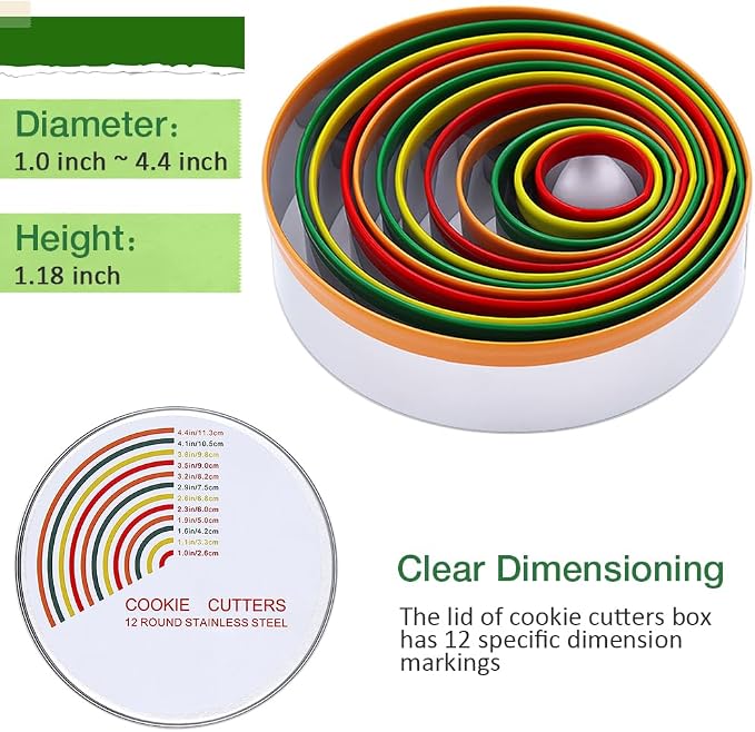 Alimat PluS Round Cookie Biscuit Cutter Set, 12 Pack Pastry Cutters in Graduated Sizes for Donut, Dough, Fondant, Clay, Stainless Steel Circle Cutter Cake Ring Molds with Colorful Rubber Coating