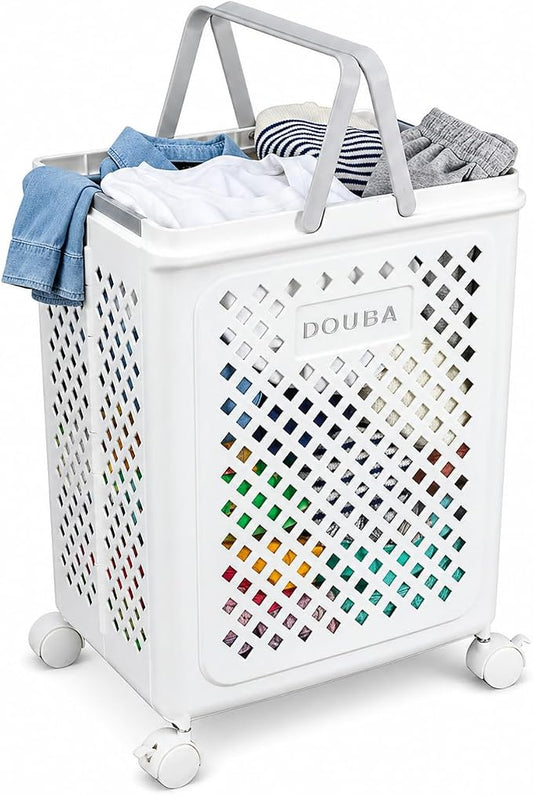 49L Collapsible Laundry Baskets, Plastic Laundry Hamper with Handles, Foldable Laundry Bin, Laundry Basket with Wheels for Laundry Room Organization, Ideal for Clothes, Towels, Blankets, White