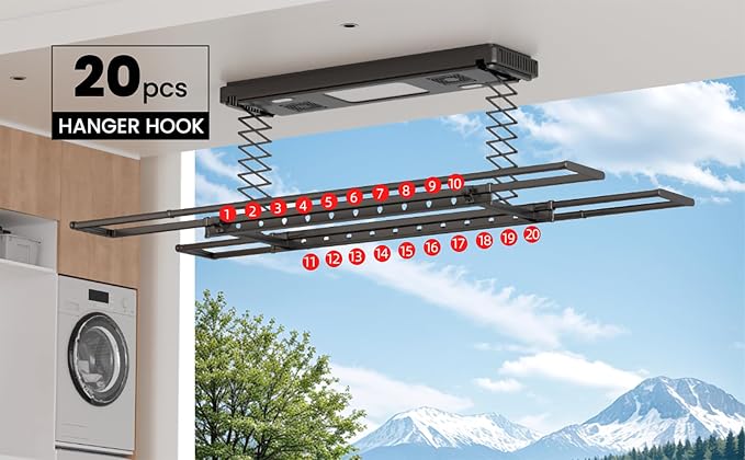 Electric Ceiling Clothes Drying Rack,with Drying/Remote 110V-120V | Light 24W,Ceiling Clothesline with Built-in Timer Heater,for Laundrys/Indoors /Garage/Small Space