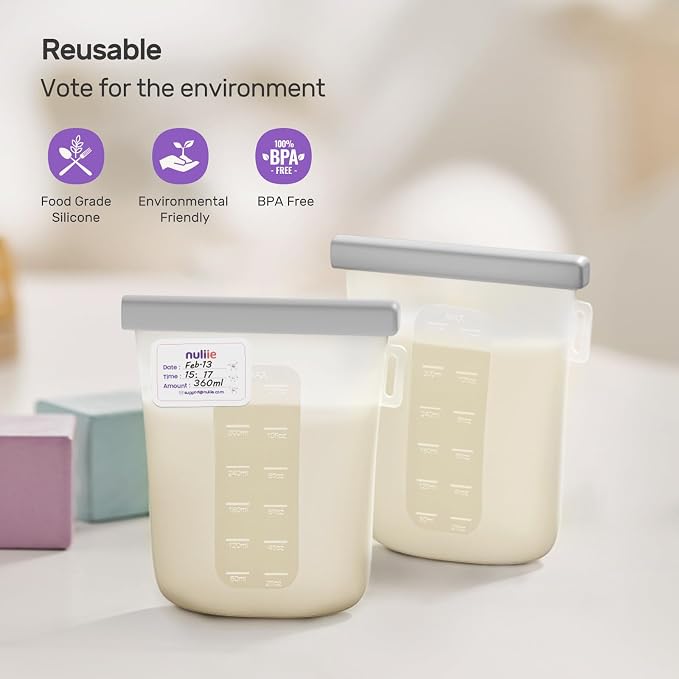 Nuliie 7 Pcs Reusable Silicone Breastmilk Storage Bags, 12oz/360ml Double Leak-Proof Breastmilk Freezer Bags, BPA Free Self-Standing Milk Bags for Breastfeeding, Baby Food Pouches
