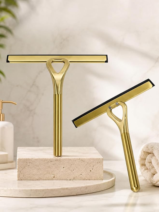 Gold Squeegee for Shower Glass 8.9x8.7in Brushed Stainless Steel | Shower Squeegee for Glass Doors,Leaves No Streaks, Rust-Resistant, Multi-surface Cleaning, Non-slip Handle, Comes with a Hook