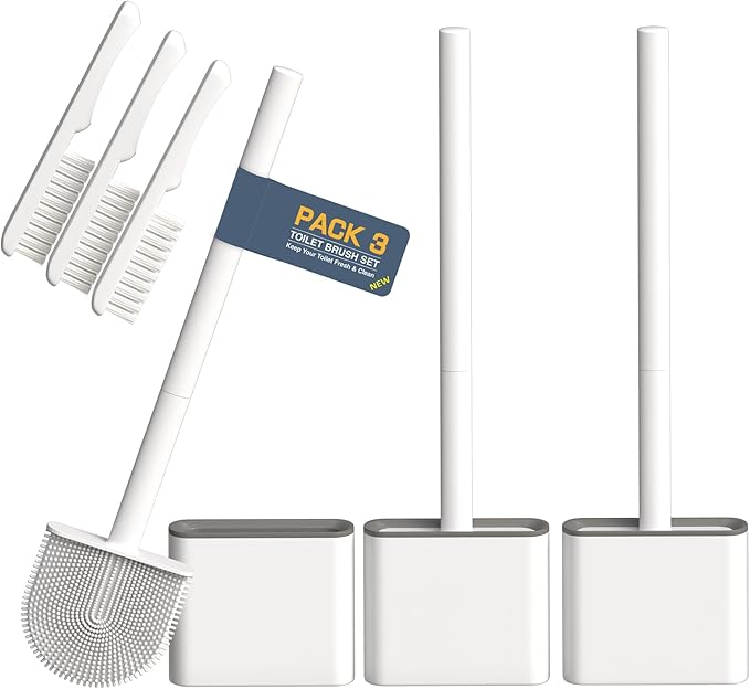 3 Pack Silicone Toilet Brushes & Holders– Includes 3 Crevice Brushes for Bathroom, Long Non-Slip Handle – Durable Bathroom Cleaning Set.