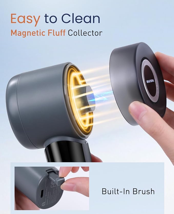 BEAUTURAL Fabric Shaver and Lint Remover, Rechargeable Sweater Defuzzer | LED Display, 3-Speed Settings, 6 Leaf Blades, Portable Pilling Remover for Clothes, Furniture, Blankets