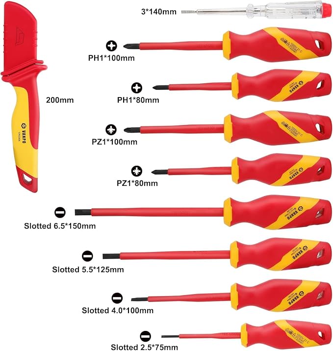 VANPO 1000V Insulated Screwdriver Set, 10pcs Professional Electrical Screwdriver Insulated VDE Tools for Electrician Magnetic Phillips Slotted Pozidriv Screwdriver