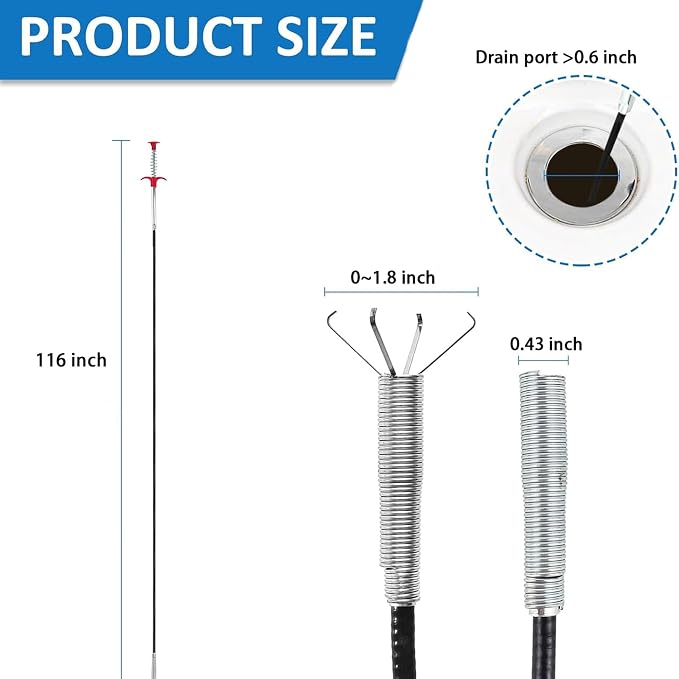 Drain Snake Hair Drain Clog Remover Tool - 116 inch Sink Drain Cleaner for Toilet Sewer Shower Kitchen Bathroom Tub Clogged Drains Opener Cleaning Tool