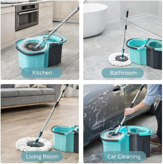 Casabella Spin Mop System with Extra Mop Head Refill - Two-Bucket Design with Splash Guard Built-in Measuring Cup and Scraper Tool with Easy Wring Pedal Spinner, 1.25-Gall (Detachable Mop)