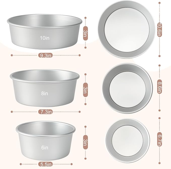 Round Cake Pan with Removable Bottom, Set of 3 (6 x 3 inch/8 x 3 inch/10 x 3 inch), Aluminum Baking Pans for Layer Cakes, Evenly Heating Tools for Home Kitchen, Tapered Side