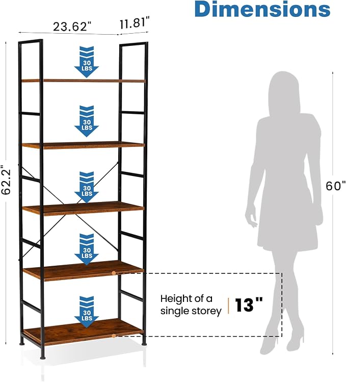 DUMOS 5 Tiers Bookshelf, Classical Modern Book Shelf, Tall Display Shelves in Living Room/Home/Office, Storage Organizer for CDs/Books/Movies, Rustic Brown | Tall Display Shelves in Living Room/Home/Office, Storage Organizer for CDs/Books/Movies, Rusti...