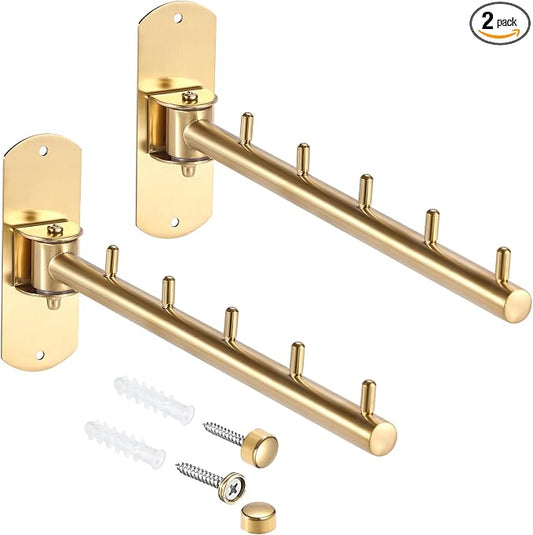 Sumnacon Clothes Rack, 2 Pcs Stainless Steel Clothes Hanger, Wall Mounted Clothes Hanging Organizer, Drying Rack with Swing Arm, Space Saving Hangers for Bathroom Laundry Room Closet, Gold