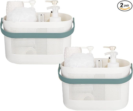 Plastic Protable Shower Caddy Basket, Storage Organizer, Green, 2 Pack | Bottom Drain Holes, Keep Dry, Sturdy and Durable, Easy to Carry for Bathroom, Kitchen, Dorm Room, RV, College
