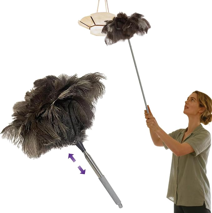 NCEDN Genuine Ostrich Feather Duster 40 Inches - Extendable Stainless Steel Handle, 8 Inches Long Thick Feathers, Telescopic Duster for Ceiling Fans, Blinds, Furniture, Car, Washable