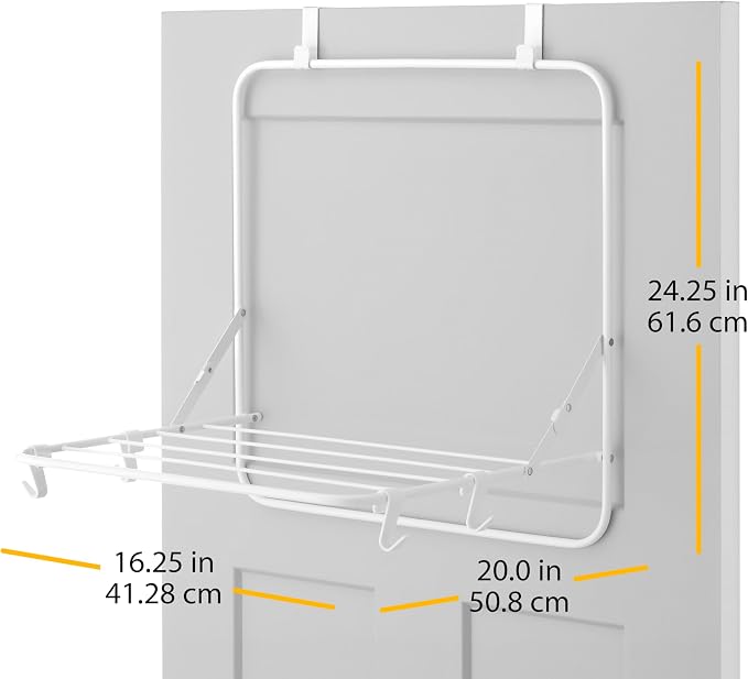 Whitmor Over The Door Folding Drying Rack, Space Saving Clothes Drying Rack with Hooks, Heavy Duty Foldable Laundry Rack, Rust Resistant Steel Hanging Drying Rack for Most Doors