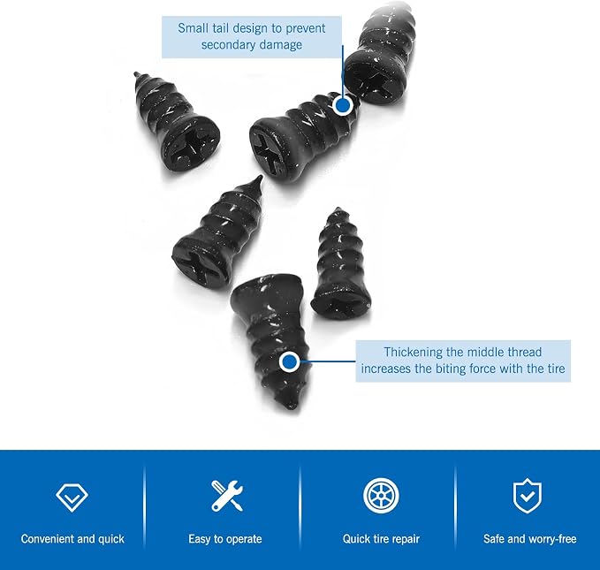 101 PCS Tire Repair Rubber Nail, 3 Size Vacuum Tire Repair Kits Spiral Rubber Screws, Fast Self-Service Tool for Car, Truck, Motorcycle, Tractor Tire Puncture Repair (Black)