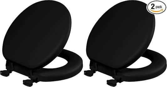 Mayfair Padded Toilet Seat, Cushioned Soft Vinyl over Wood Core Seat, Secure Hinges, Easy Clean, Made in USA, Round, Black (Pack of 2)