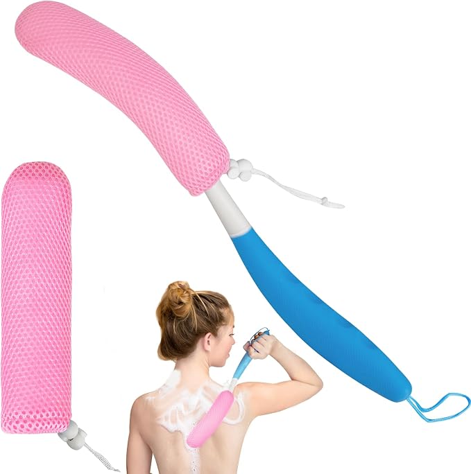 Back Scrubber for Shower, 15.35" Long Handle Shower Brush for Body, Back Brush for Shower for Men Women, Long Handled Bath Sponge for Deep Clean, Exfoliating, Anti-Slip Curve Handled Back Scrubber
