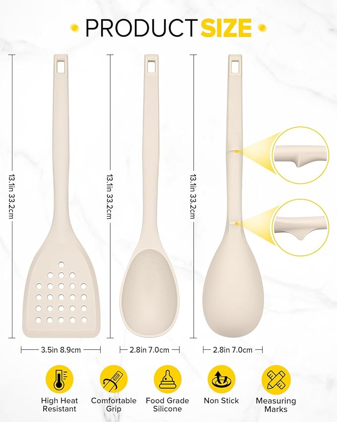 Pack of 4 Silicone Cooking Utensils Set, Non Stick Solid Spatulas and Heat Resistant Slotted Spoons with Back Hooks, Ideal BPA Free Kitchen Utensils Set for Frying,Serving,Turning,Stirring(KHAKI)