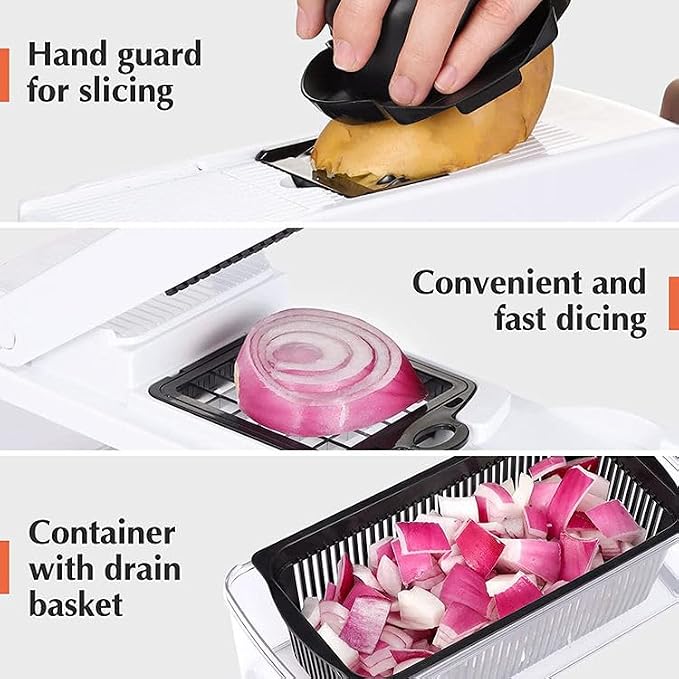 Vegetable Chopper: 10 in 1 Food Chopper - Onion Vegetable Slicer Cutter Dicer, Veggie Cutter with Container, 7 Blades, Kitchen Gadgets for Carrot Salad Garlic Potato Slicer (Black/White)