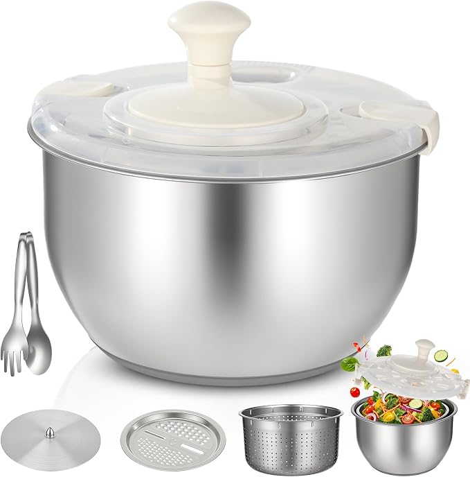 Stainless Steel Salad Spinner Set with Grater and Food Clip, 6L Large Metal Salad Spinner, Fruit Vegetable Dryer with Built-in Drain Spout for Dehydrating Fruit and Vegetable, Pasta (Silver)