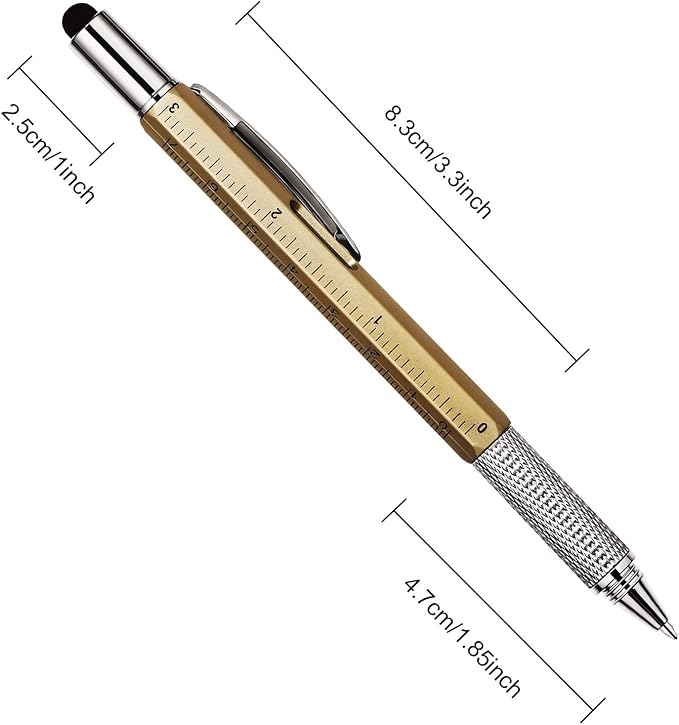 Zhanmai 8 Pcs 6 in 1 Multitool Pen Bulk Gift for Men Multi Tool Ballpoint Pen with Ruler Level Screwdriver Stylus 20 Ink Cool Refill Tool Gadget Birthday Christmas Stocking Stuffers for Adult (Gold)