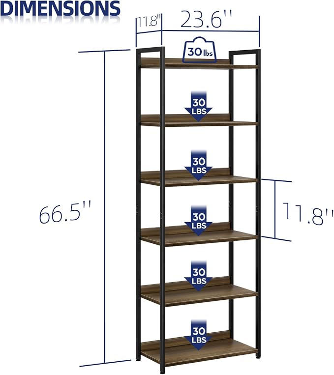 NUMENN Bookshelf, 6 Tier Freestanding Shelving Unit, Dark Walnut | Metal Frame & Wood Shelves, Falling Prevention Baffle, Open Storage Bookcase for Bedroom, Living Room & Home Office