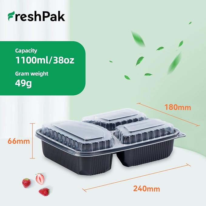 40 Pack 38oz Meal Prep Containers - Shrink Wrap Ready To Use | Reusable Leakproof 3 Compartment To Go Boxes | BPA-Free, Microwave & Freezer Safe | Portion Control Takeout Food Storage