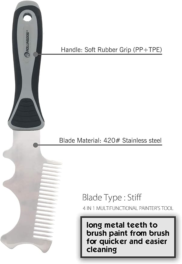 ROLLINGDOG 4 in 1 Paint Brush Comb | Multipurpose,Paint Brush Roller Cleaner Tool,Rubber Handle,Stainless Steel