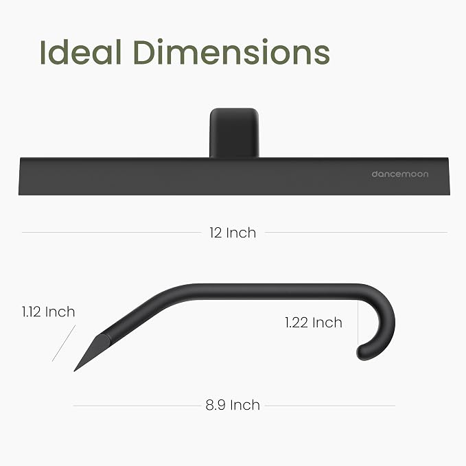 dancemoon JustHang Shower Squeegee for Glass Doors, All-One-Piece Wider 12" Silicone Squeegee with Built-in Hook for Window, Mirror, Tile Wall, Car, Streak-Free Bathroom Cleaner Tool, 12-Inch Black