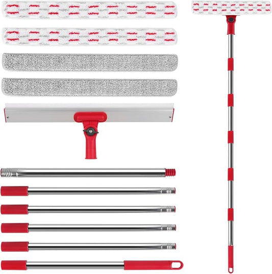 2-in-1 Professional Window Squeegee, 86.6'' Window Cleaner Tool with 6-Section Extension Pole, Window Cleaning Kit with 4 Microfiber Cloth, Window Washing Equipment for in/Outdoor Windows